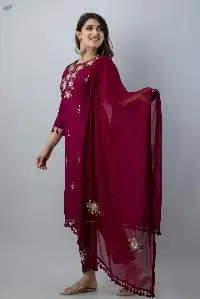 Wine Embroidered Rayon Kurta Set with Dupatta