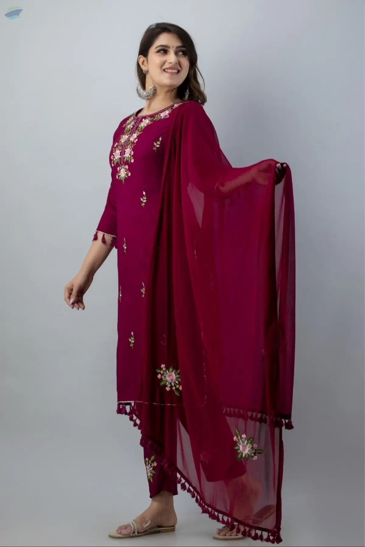 Wine Embroidered Rayon Kurta Set with Dupatta