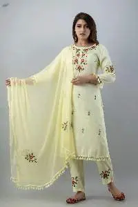 Beige Embroidered Kurta Pant Dupatta Set