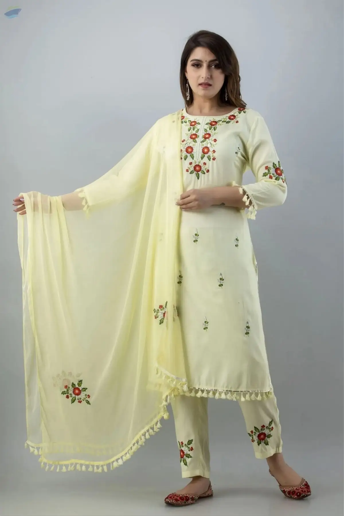 Beige Embroidered Kurta Pant Dupatta Set