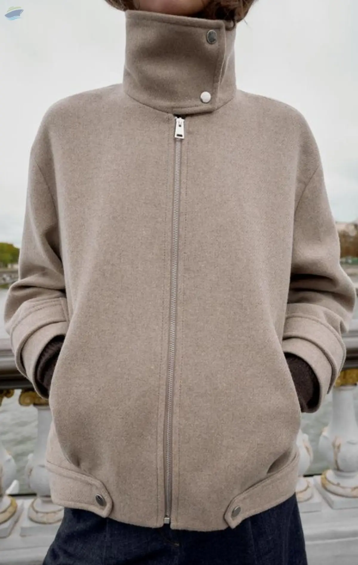 Wool Blend Bomber Jacket With High Neck