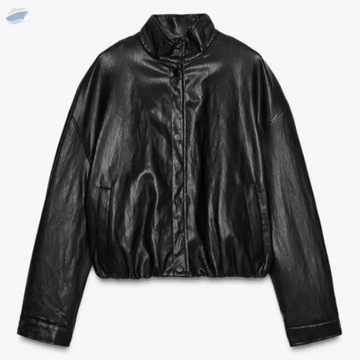 High Neck Faux Leather Bomber Jacket