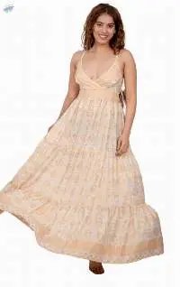 Peach Ethnic Print Flare Maxi Dress