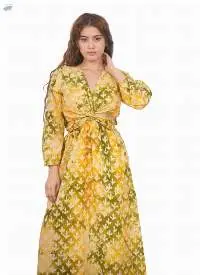 Yellow-Green Leaf Print Maxi Dress