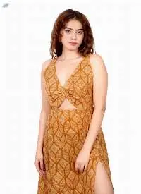 Ochre Leaf-Print Side Slit Maxi