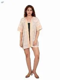 Cream Leaf-Print Maxi Kimono