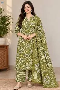 Women's Olive Green Kurti Dupatta Set