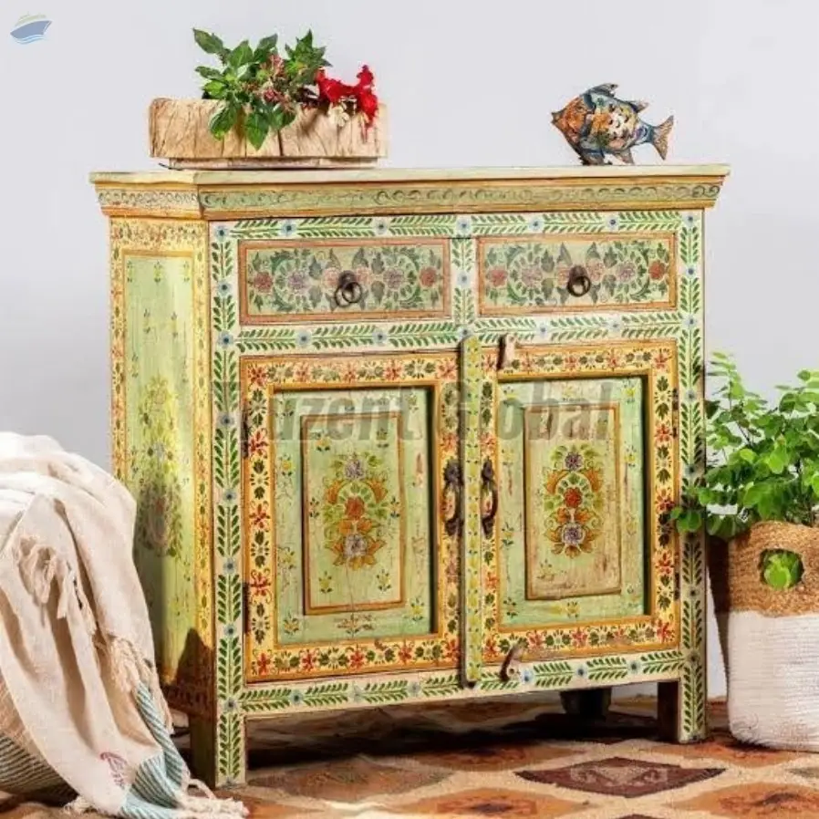 Floral Art Wooden Side Cabinet