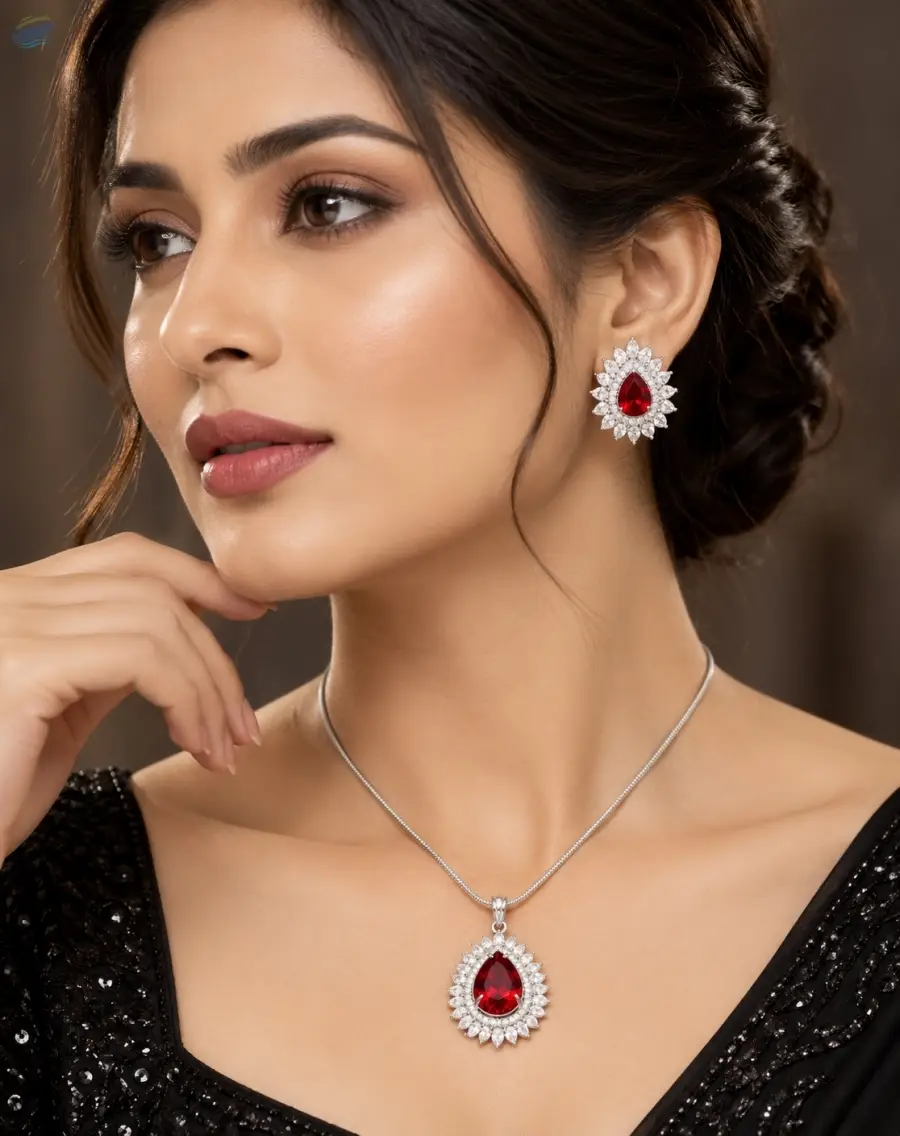 American Diamond Red Stone Pendant Set