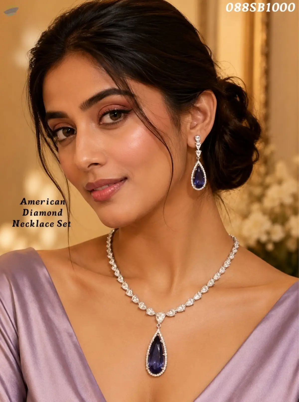American Diamond Blue Stone Necklace Set