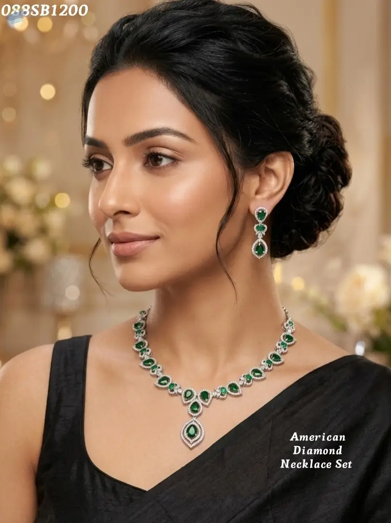 American Diamond Green Stone Necklace Set