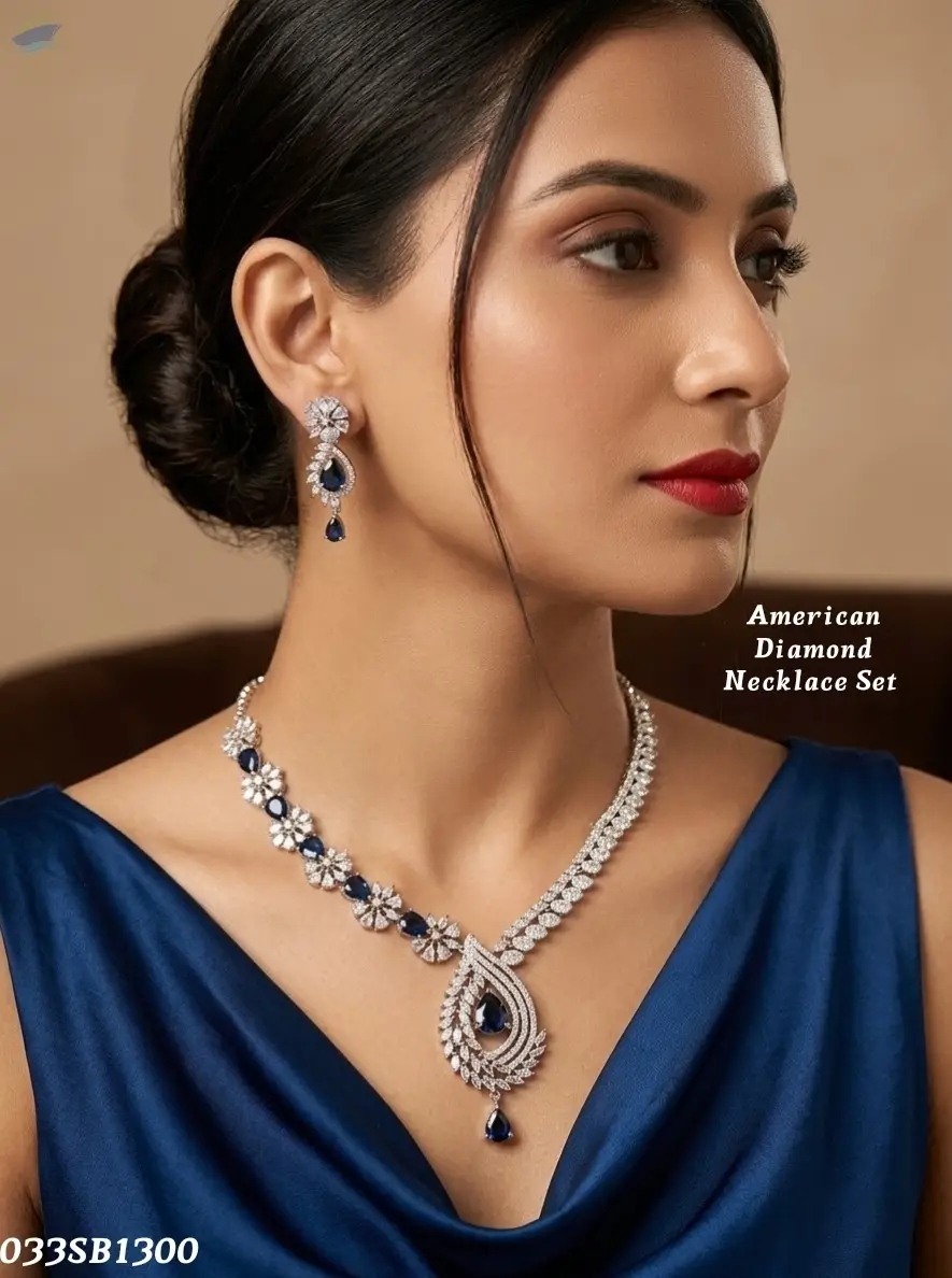American Diamond Blue Stone Necklace Set