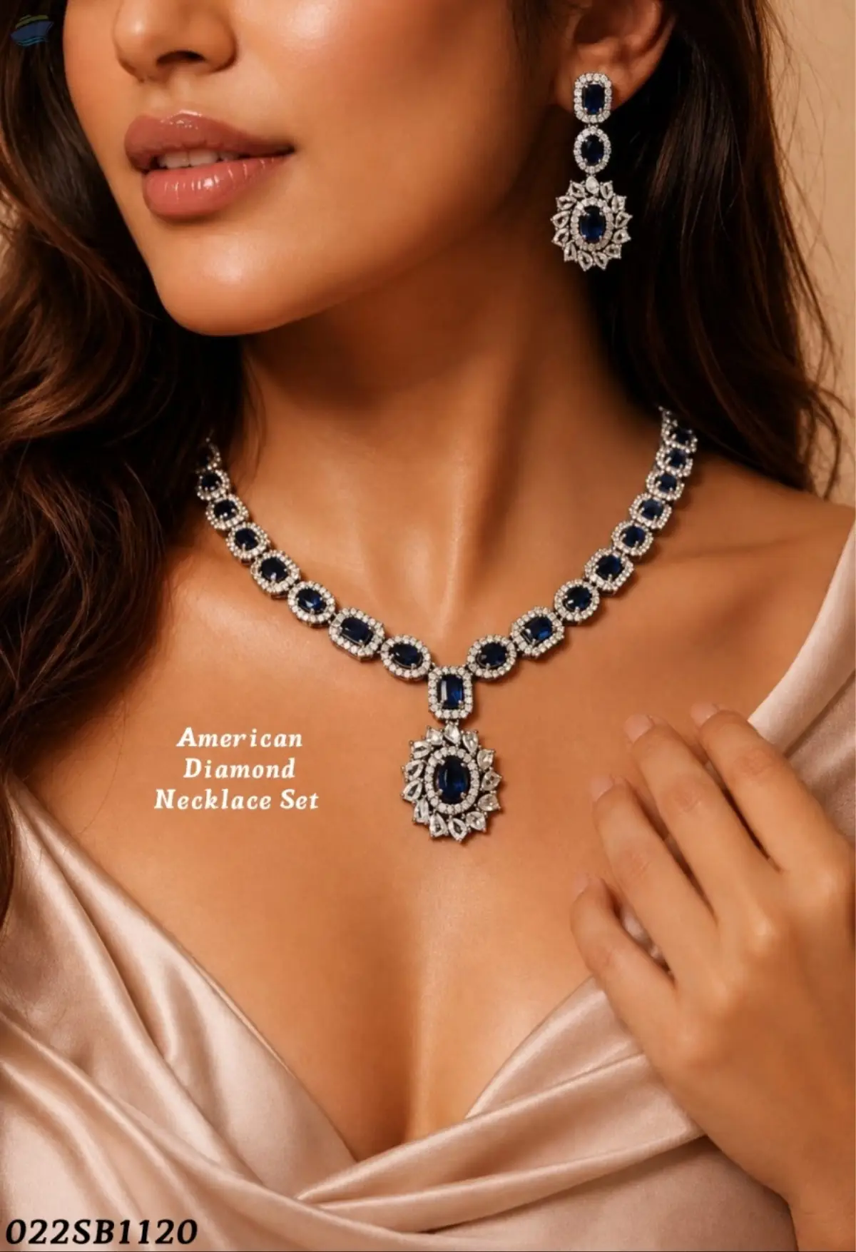 American Diamond Blue Stone Necklace Set