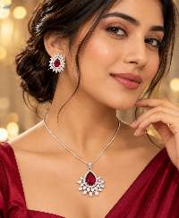 AD Red Stone Pendant Set With Chain