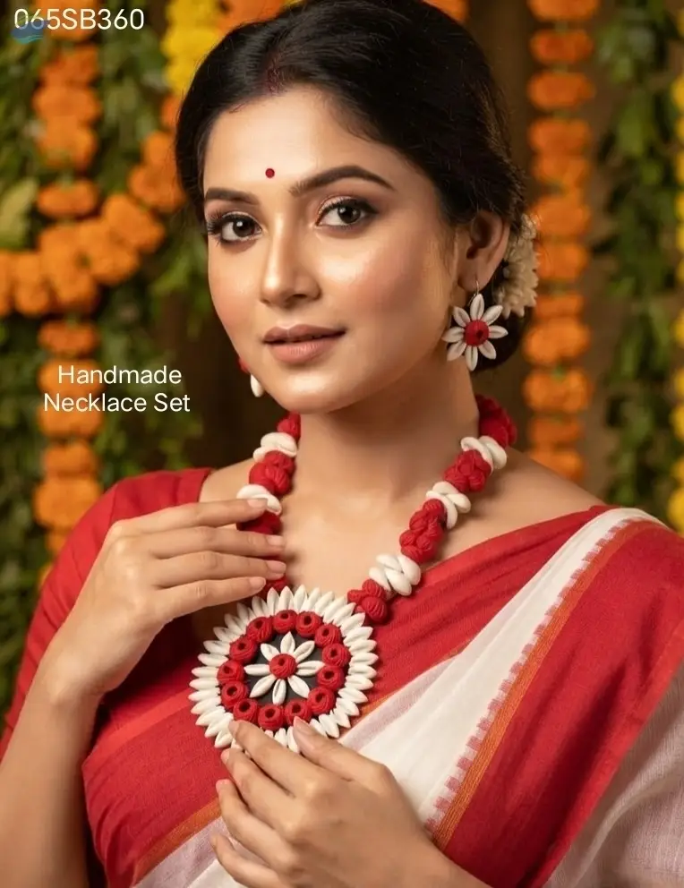 Handmade Red And White Floral Necklace Set