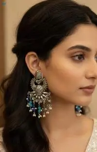 Partywear Oxidized Silver Blue Earrings
