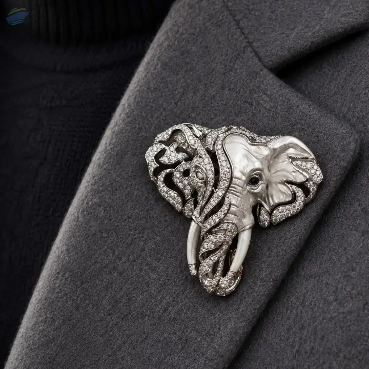 Sterling Silver Elephant Head Brooch, Moissanite