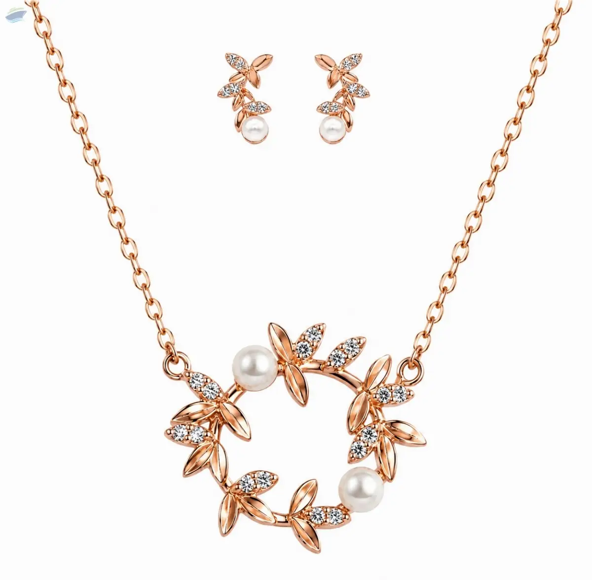 Rose Gold Pearl Wreath 925 Silver Pendant Set