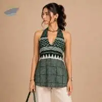 Womens Designer Green Printed Halter Neck Kurti