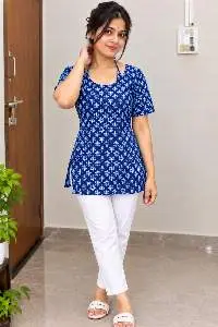 Women's Blue Printed Stylish Kurti Top