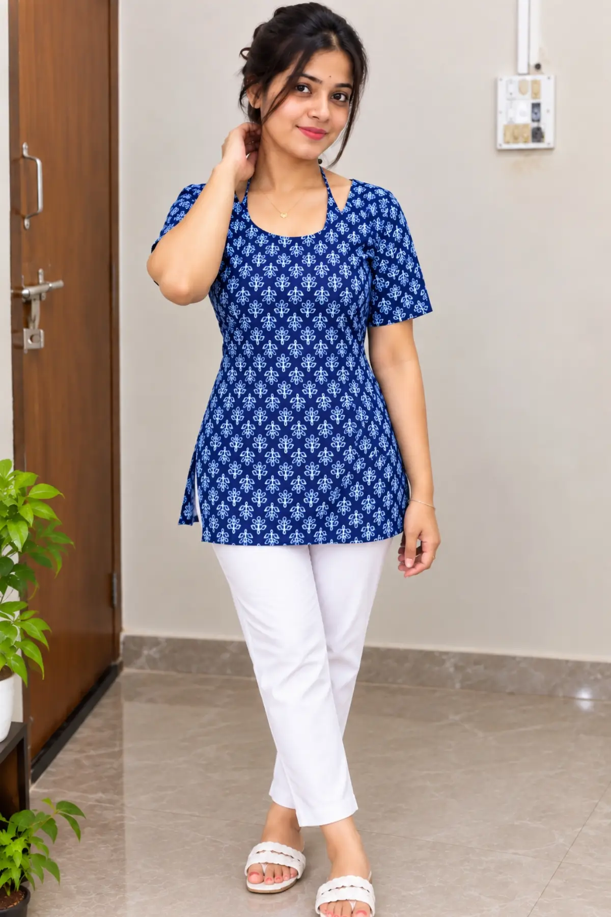 Women's Blue Printed Stylish Kurti Top